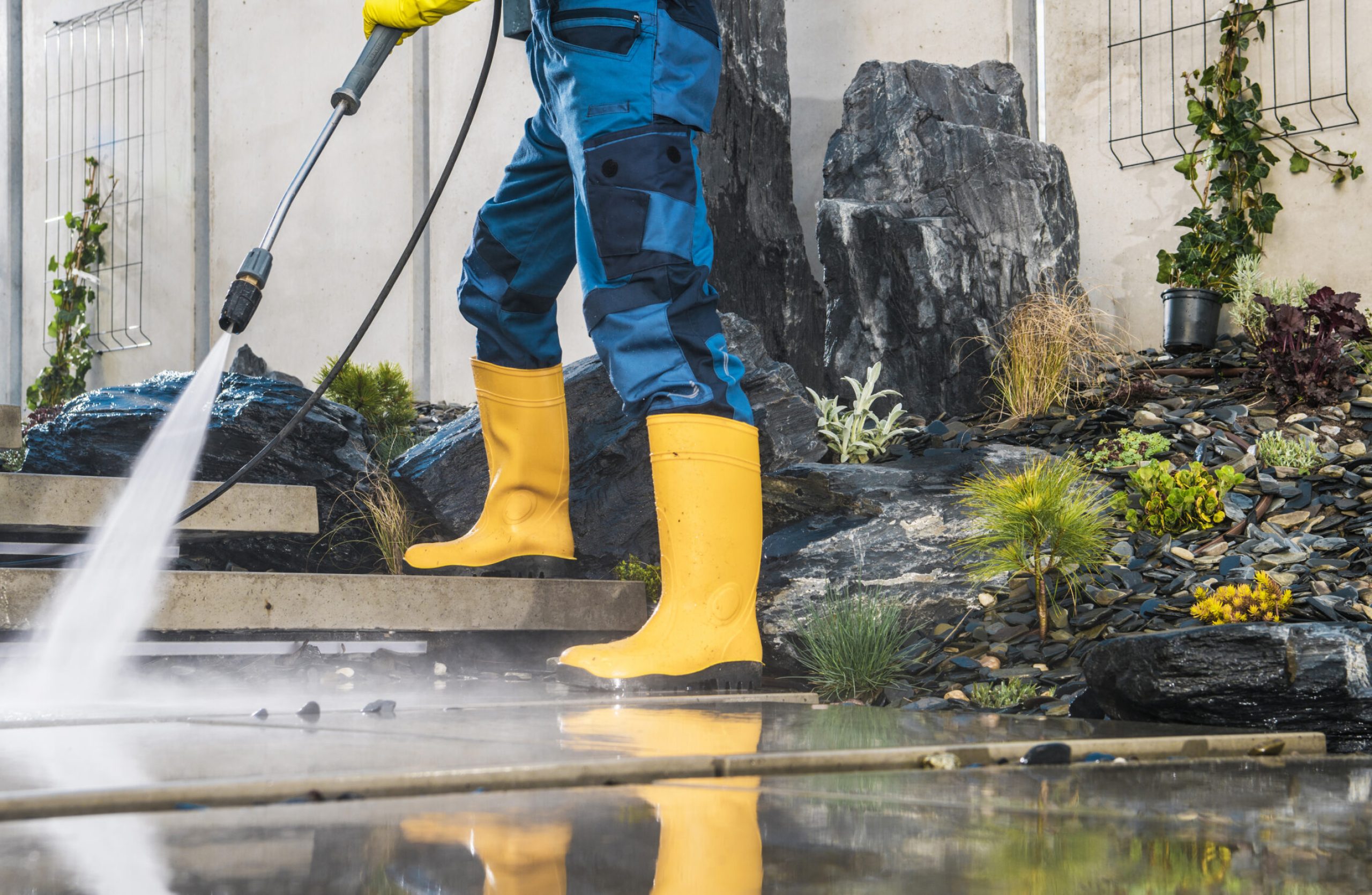 Men Wearing Yellow Rubber Boots Pressure Washing Architectural Concrete Elements in His Garden. Lower Body Close Up. Modern Concrete Backyard Stairs Cleaning.